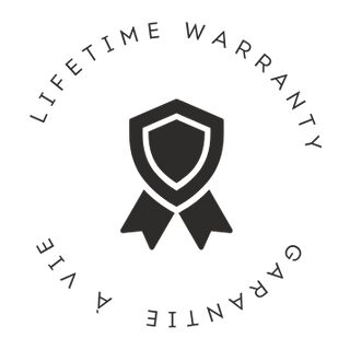 Warranty symbol in the middle and around it says Lifetime warranty and French Garantie  à vie
